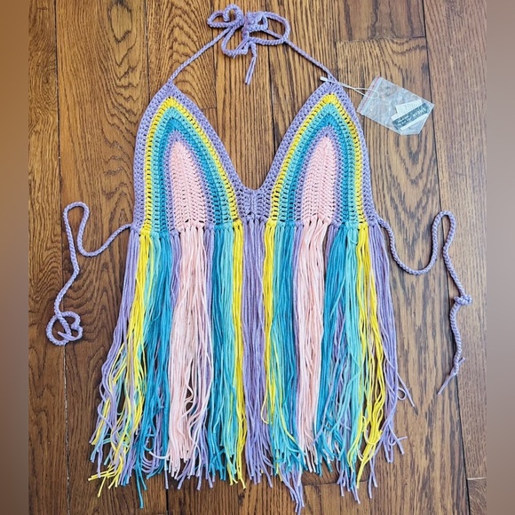 Women’s Boho Fringe Tied Crochet Halter Multicolor Cover Up Top NWT Sz M - Picture 3 of 8